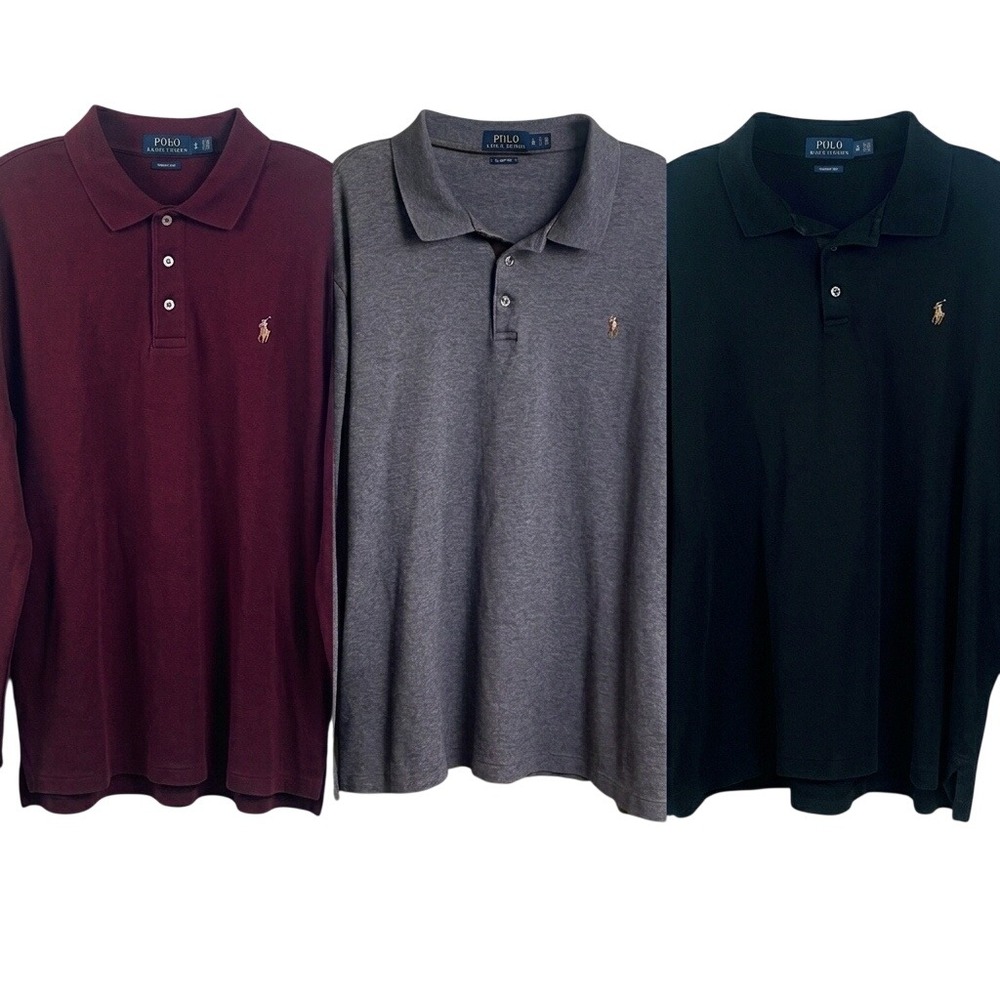 3 Polo Ralph Lauren Classic Fit Black Gray Burgundy Long Sleeve Polo Shirts XL